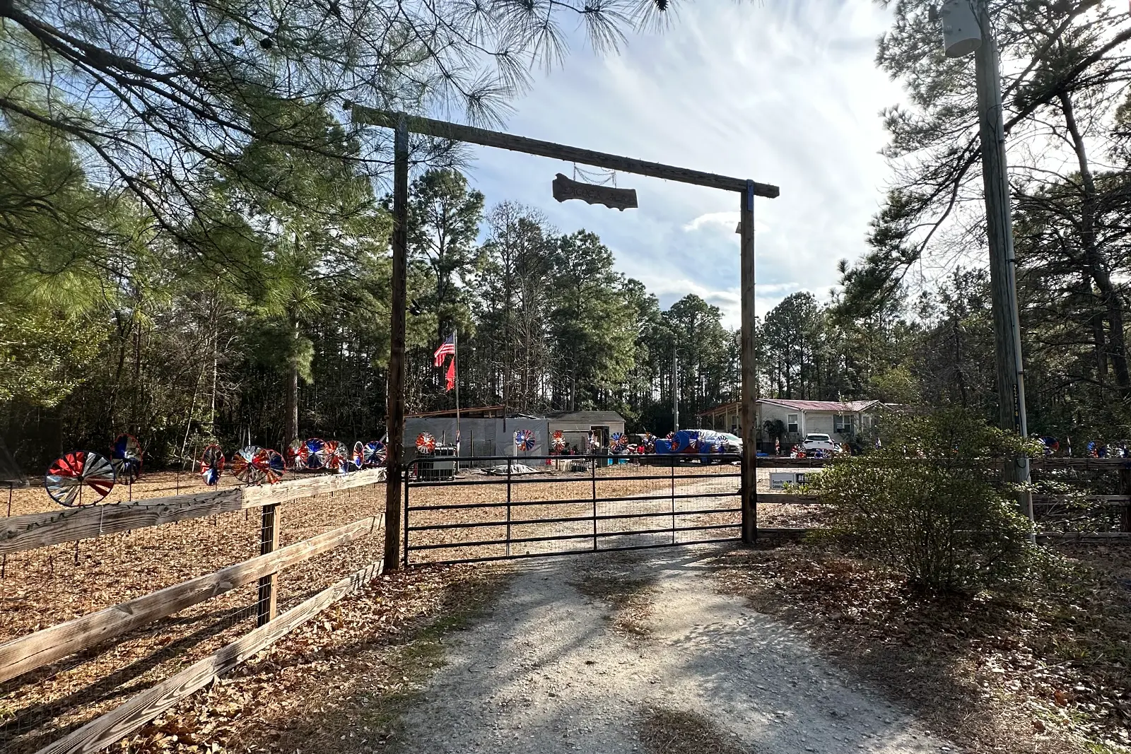Driveway leading into Peacock Acres farm near Richlands, North Carolina